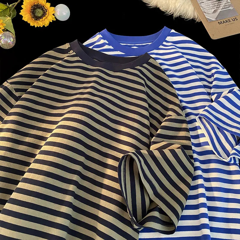 Classic Korean striped T-shirt casual O-neck T-shirt color blocked horizontal striped short sleeved T-shirt 240927