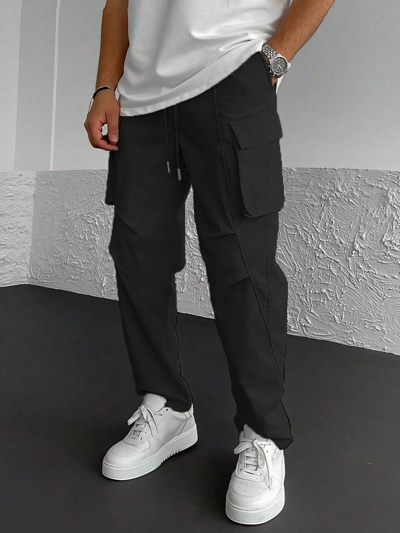 Men's Cargo Pants With Flap Pockets, Side Drawstring Waist