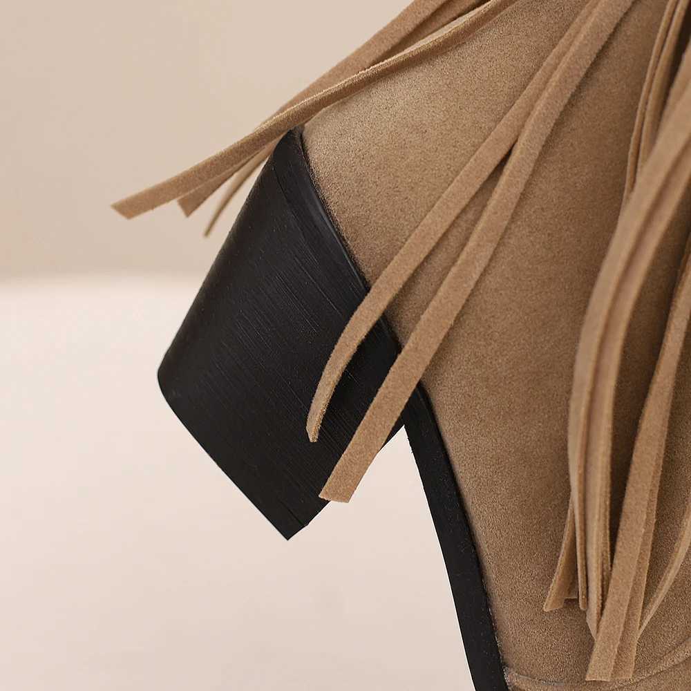 Large size 45 womens retro ethnic western cowboy boots mid piece fringed edge knee high boots womens winter shoes free delivery CL240927