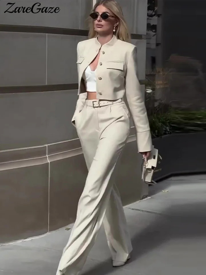 Casual Solid Short Coat Pants Set Womens Single Chest Pocket Long Sleeve Jacket Wide Leg Trousers Autumn Set 240927
