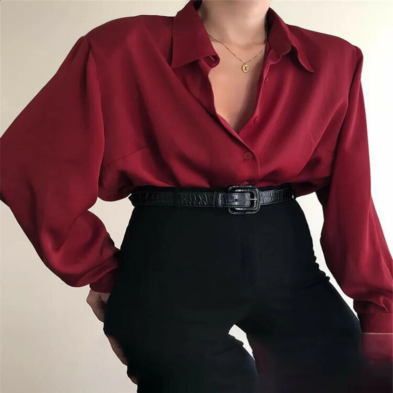 Women Button Blouses Turn Down Collar Shirts Office Lady Long Sleeve Casual Blouse Loose OL Shirt Baggy Tops RedWine Red Black y240926