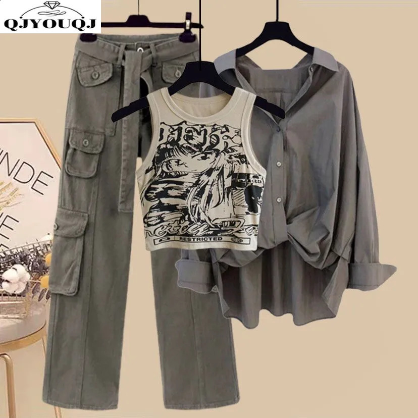 Spring/Summer Set Womens Retro Shirt Versatile Tank Top Fashion Wide Leg Pants 3-Piece Set Trendy 240927