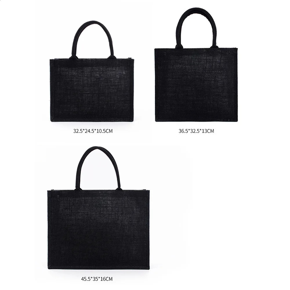High Quality Large Black Burlap Tote Bag Shopping Portable EcoFriendly Reusable Unisex Student Handbag 240925