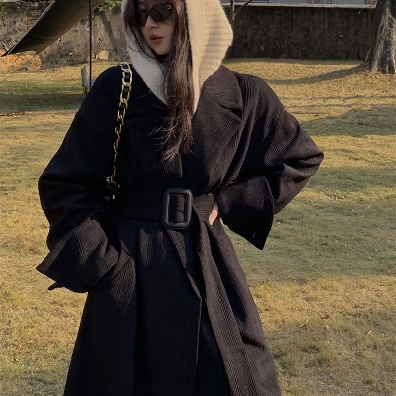 Lautaro Spring Autumn Long Brown Black Striped Oversized Trench Coat for Women Belt Clothes Runway Fashion 240926