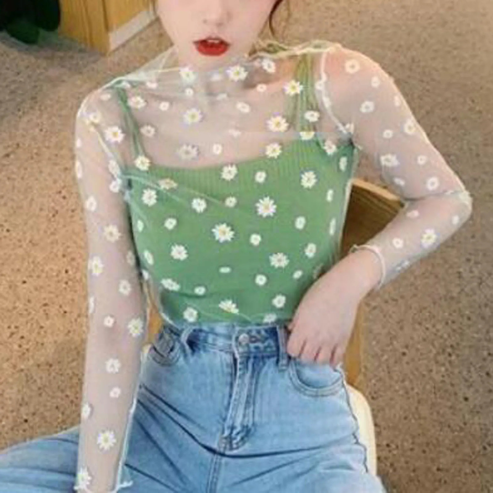Women Daisy Print Lace Sheer Tops Sexy Tees Long Sleeve Thin Mesh Shirts Fashion Ladies Top 2023 Summer Sunscreen Blouse Blusas 240930