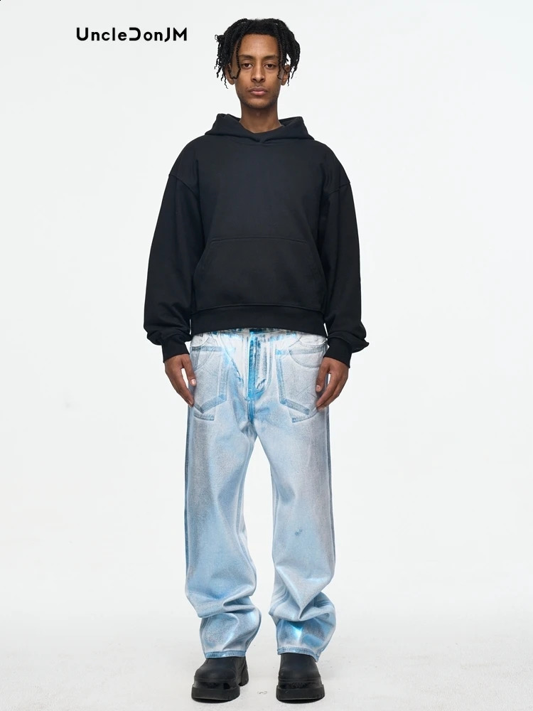 Fluorescent brush wax jeans Hombre casual simple classic Japanese plus size blue pants 240925