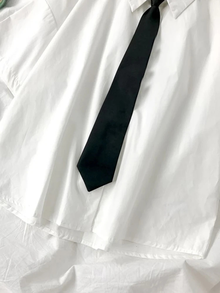 ZOKI White Shirt Fashion Black Tie Japan Style Preppy Students JK Girls Blouse Simple Solid Loose Summer Button Up Tops 240926