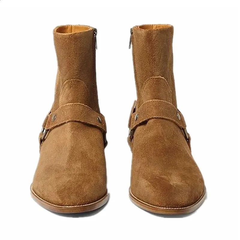 Brown Mens Chelsea Boots Handmade High Quality Cowhide Face Business Casual Square Toe Middle Heel Mens Bicycle Boots 240926