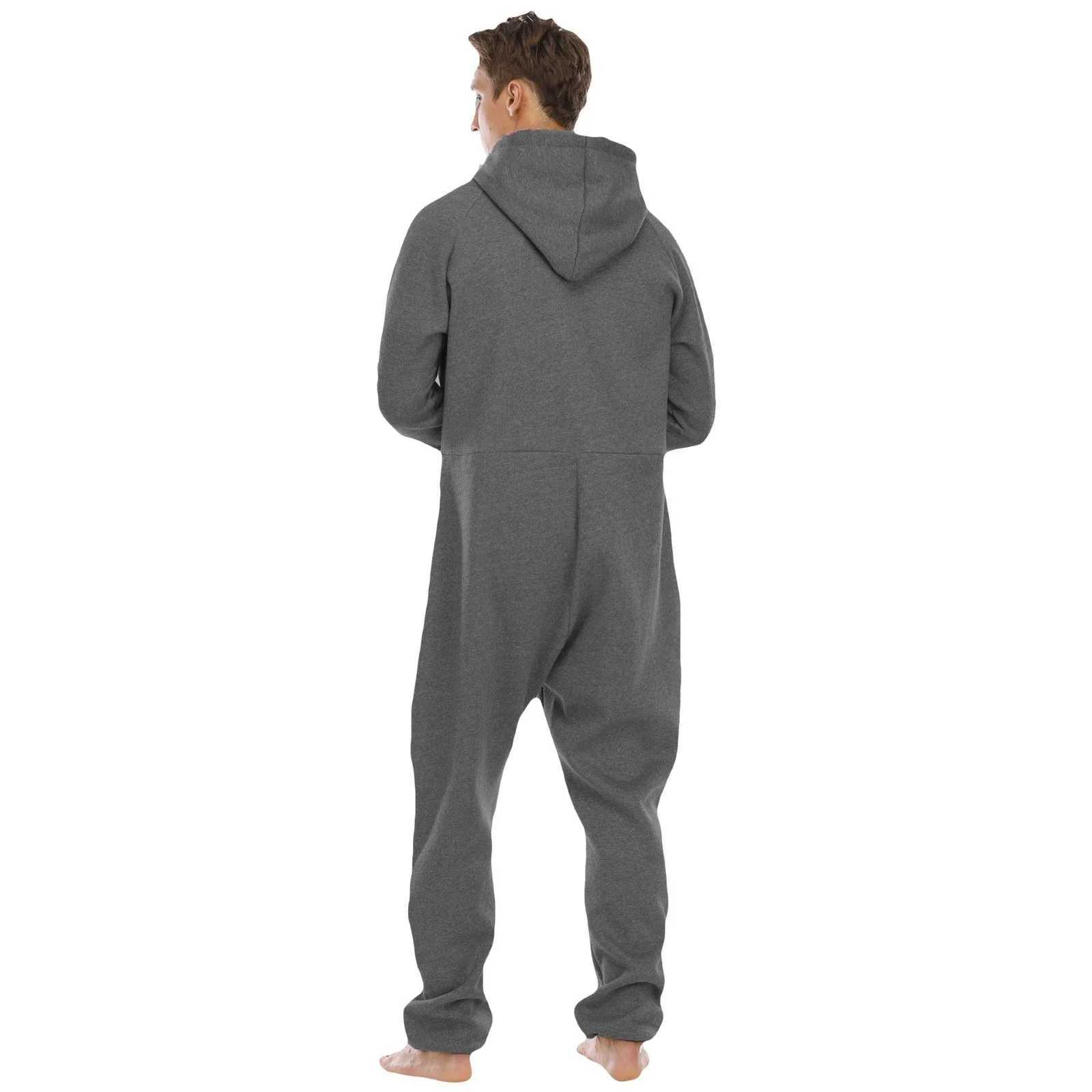 Mens long sleeved pajamas zipper V-neck solid color hoodie mens autumn and winter casual pants 1-piece jumpsuit W240926