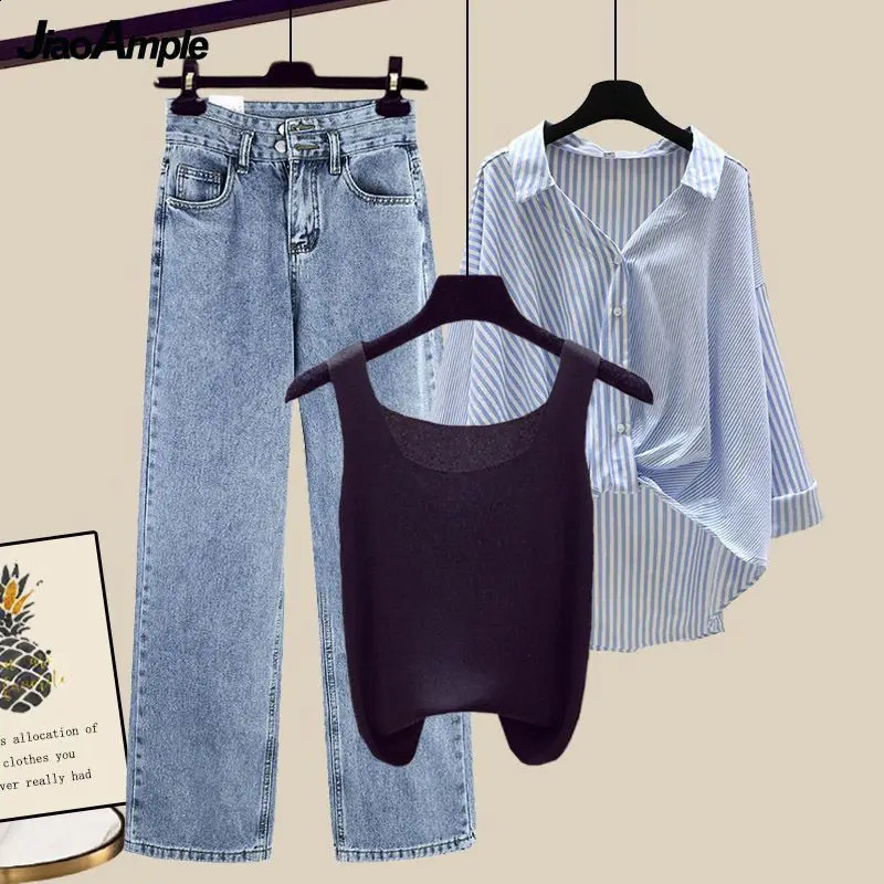 Womens summer striped sunscreen shirtvestwide leg jeans set Korean elegant cardiganjeans matching set 240927
