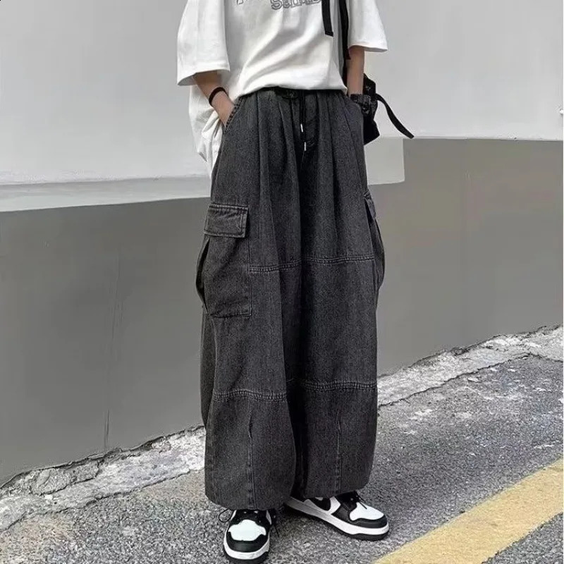 Spring/Autumn Mens Bag Jeans Mens Wide Leg Pants Large Pocket Elastic Waist Street Wear Trouser Mens Loose Jeans 240926
