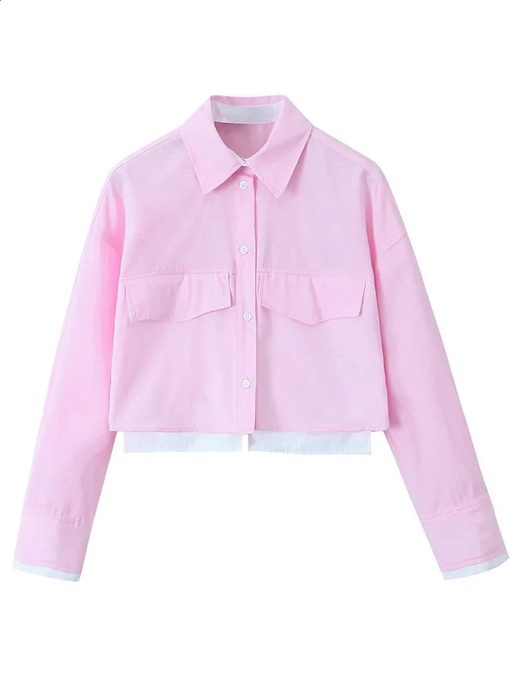 TRAF Fashion Woman Pink Patchwork Shirt Long Sleeve Cropped Shirts For Ladies 2024 Streetwear Button Up Blouses Tops 240926
