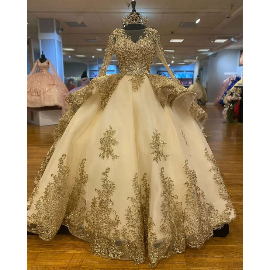 Beading Ball Gown Dubai Wedding Dress Princess Crystal Perals Long Sleeve D Wer Lace Bridal Gowns Beads Bride Robes De Marie S E 0218