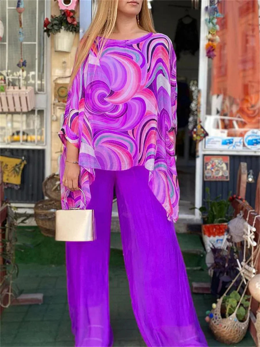 Summer Print Colorful Chiffon Set Two Piece Suit Round Neck Bat Sleeves Irregular Top Wide Leg Pants Casual 2 240927