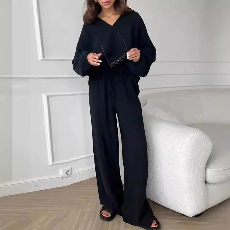 Casual long sleeved top and pants set for women fashion V-neck shirt wide leg pants two-piece set elegant womens clothing 240927