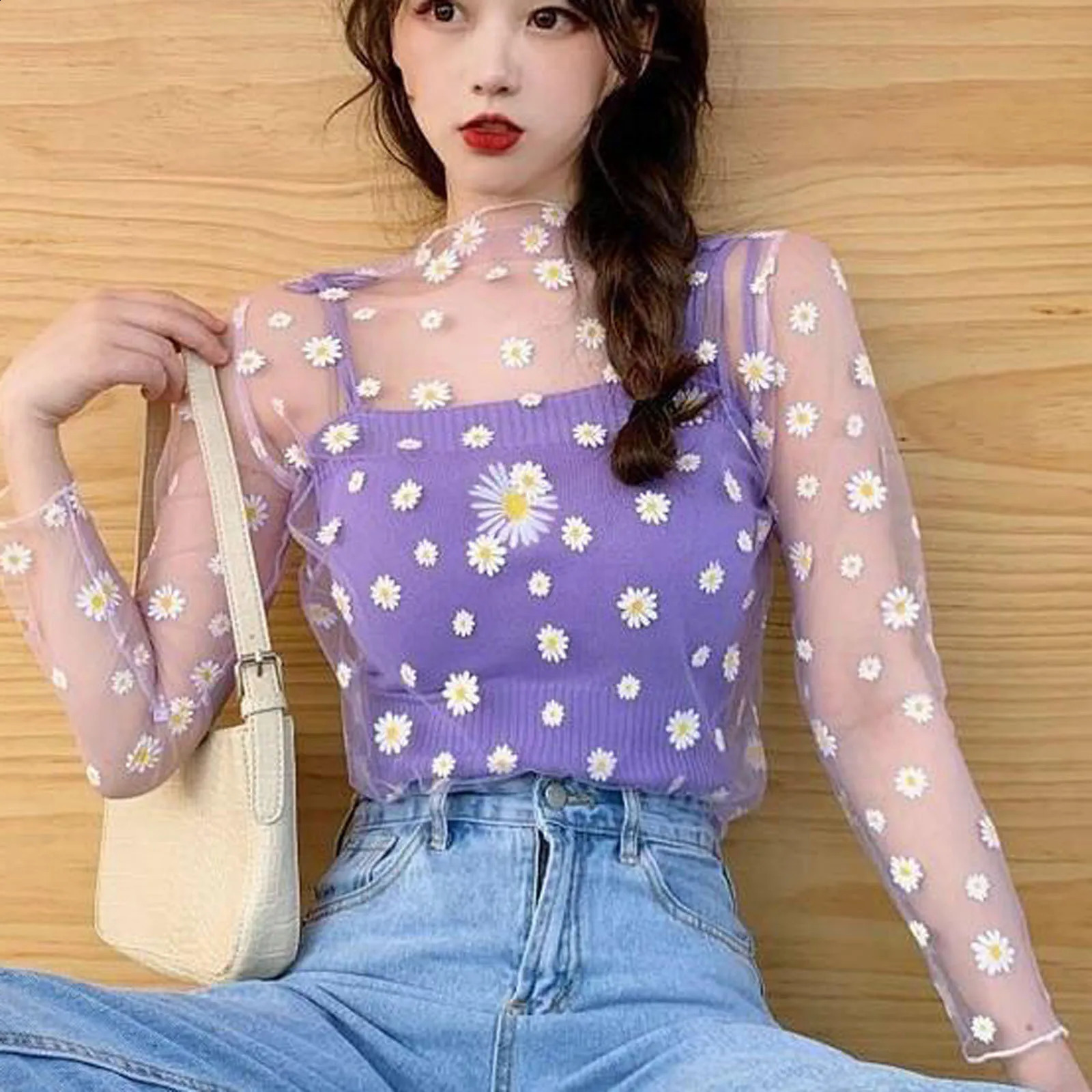 Women Daisy Print Lace Sheer Tops Sexy Tees Long Sleeve Thin Mesh Shirts Fashion Ladies Top 2023 Summer Sunscreen Blouse Blusas 240930