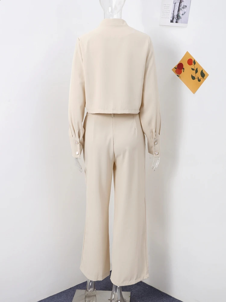 Casual Solid Short Coat Pants Set Womens Single Chest Pocket Long Sleeve Jacket Wide Leg Trousers Autumn Set 240927