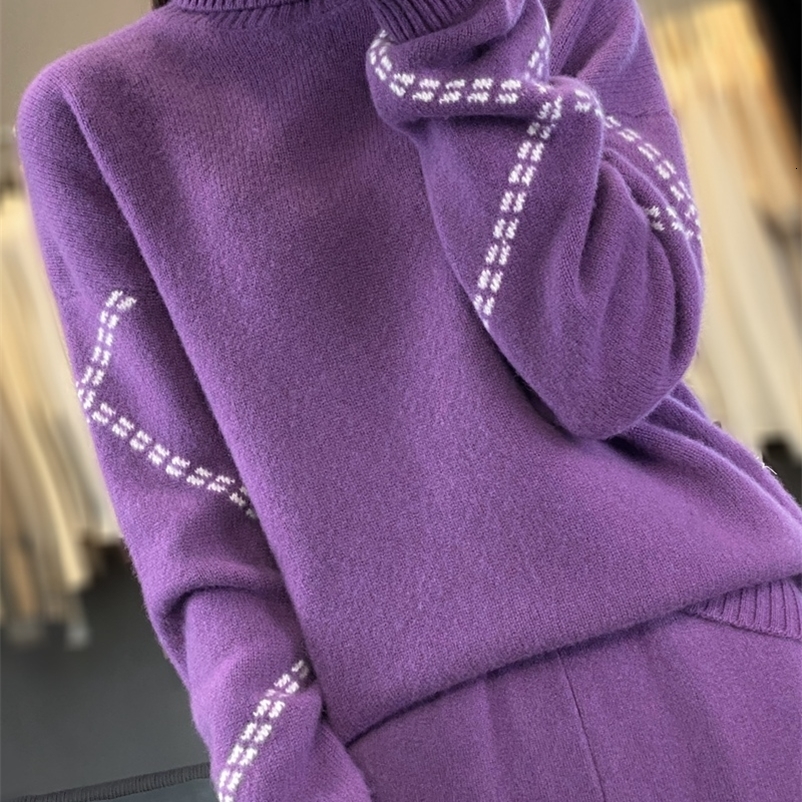 Autumn and Winter 100 Wool Fashion Flat Double Pocket Wide Leg Pants Thickened Embossed High Flip Collar Woolen Sweater Set y240926