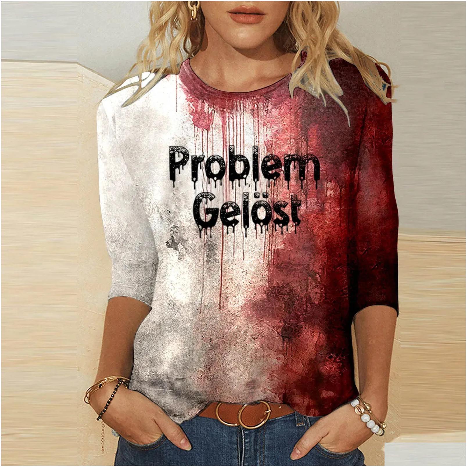 T-Shirt Problem Solved Bloody Fonts Tshirt Halloween Ladies Printed Long Sleeve Crew Neck T Shirt Top Distressed Slim Party Y2K Cloth Dhjfd