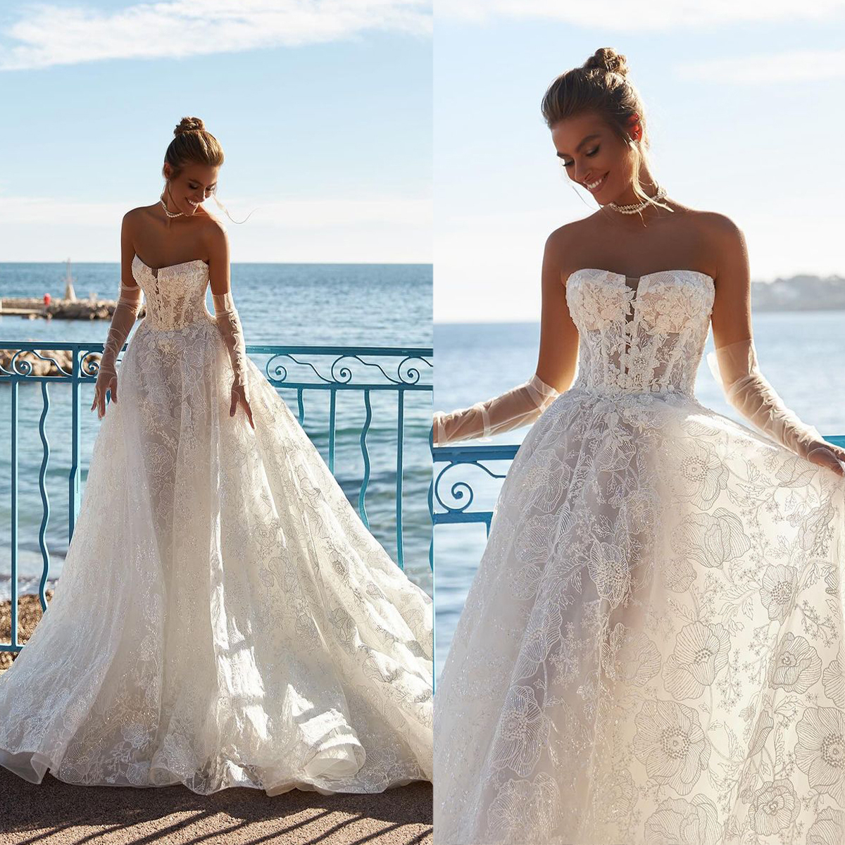 Luxury A Line Wedding Dresses Sexy Sweetheart Neckline Long Sleeves Boho Bridal Gowns Beads Appliques Lace Lace-Up Back Sweep Train Robe de Mariage