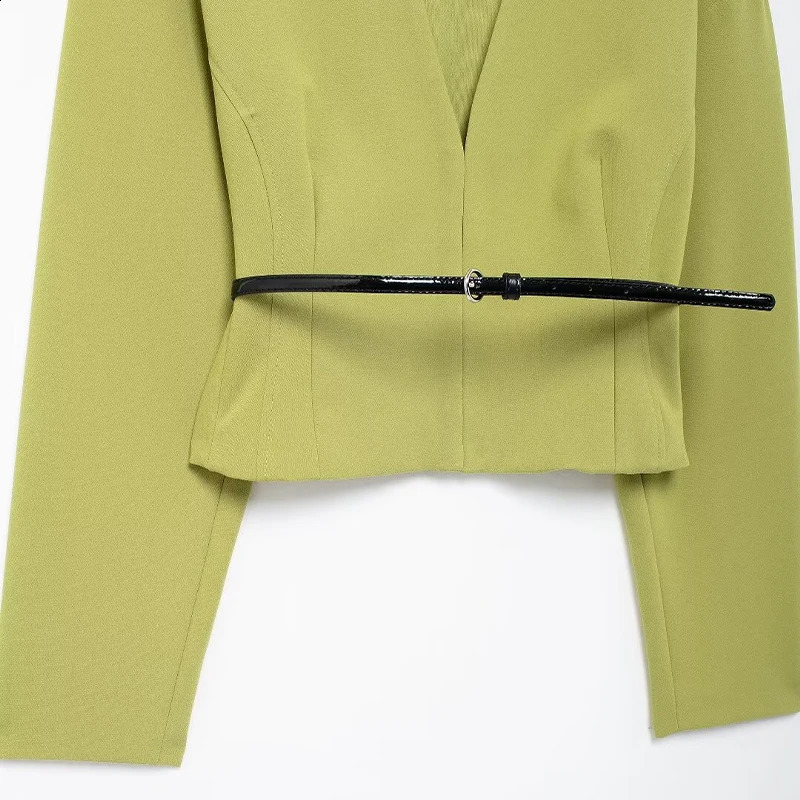 Willshela Women Fashion With Belt Green Cropped Blouse Vintage VNeck Long Sleeves Female Chic Lady Shirts 240926