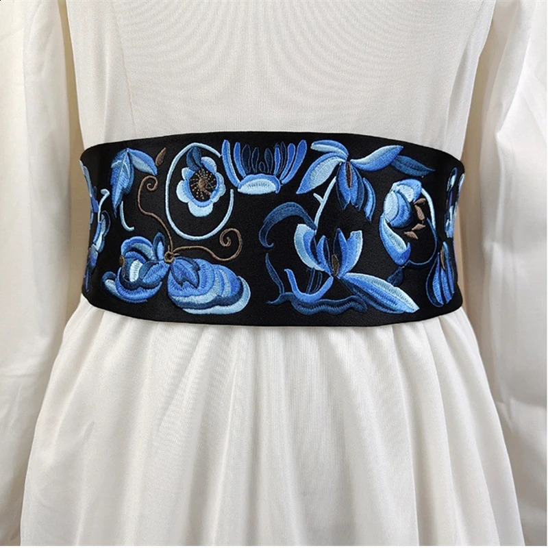 Black retro embroidered wide waistband womens embroidered decorative Chinese ethnic style belt suitable for dresses and Hanbok 240924