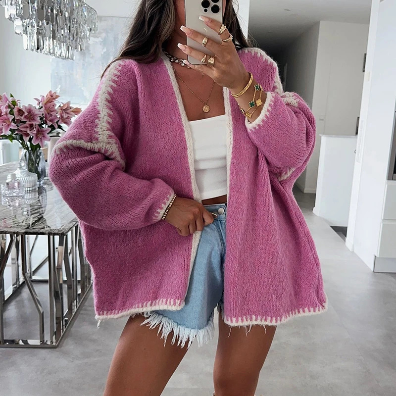 Womens elegant long sleeved knitted jacket autumn and winter color loose cardigan womens V-neck sportswear 240913