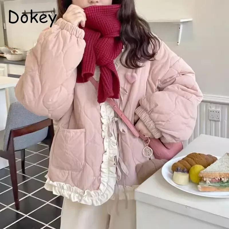 Japanese Lace-up Kawaii Cotton Jacket Women Sweet Vintage Ruffled Pink Y2k Trendy Lolita Parkas Winter Plush Warm Casual Outwear 241105