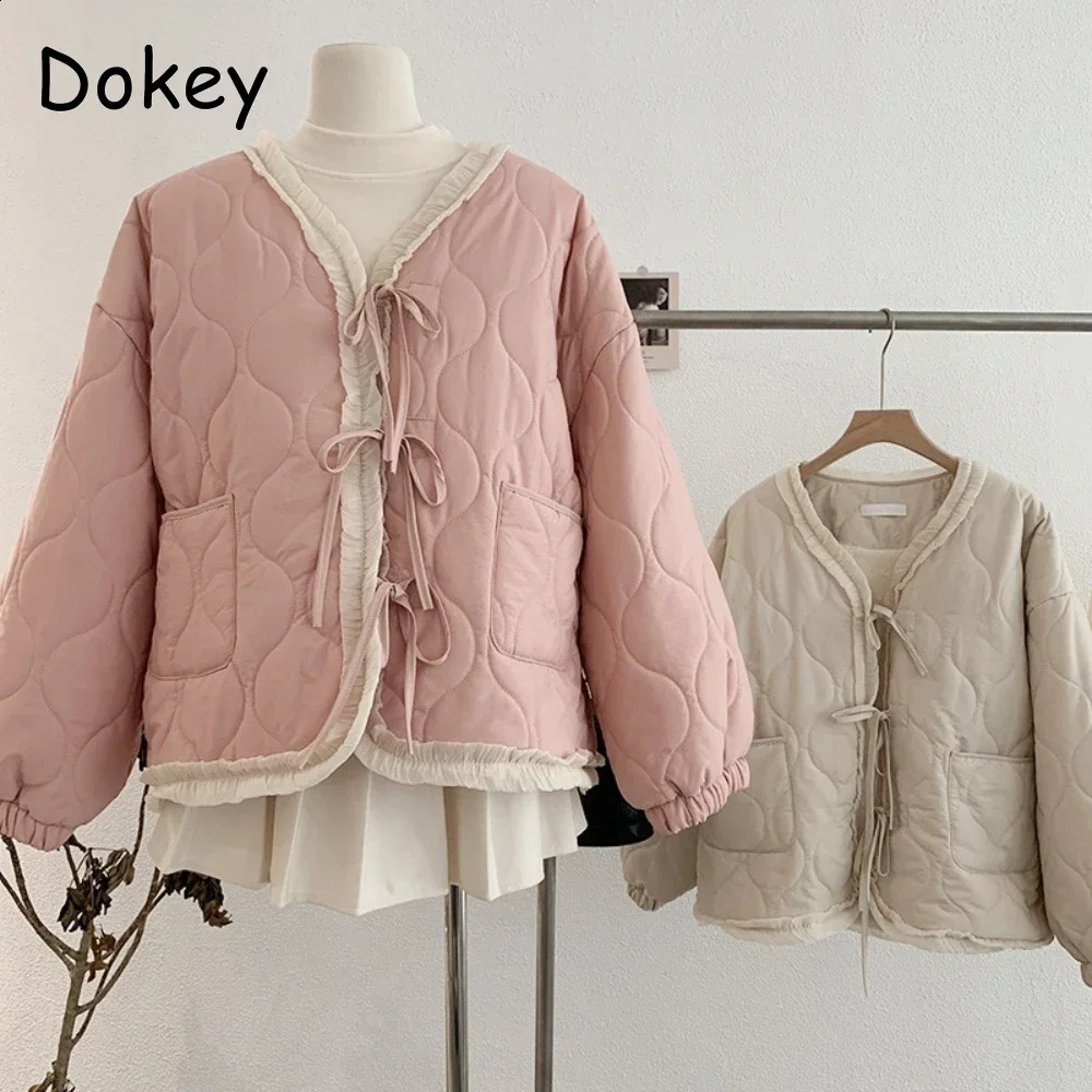Japanese Lace-up Kawaii Cotton Jacket Women Sweet Vintage Ruffled Pink Y2k Trendy Lolita Parkas Winter Plush Warm Casual Outwear 241105