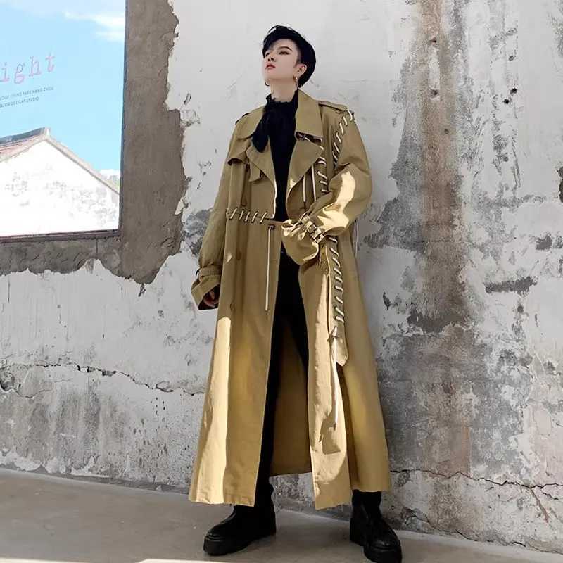 2023 Double Chest Brushed Patch Work Techwear Trench Jacket Mens Hip Hop Punk Long Jacket Street Fashion Gabardina Hombre W240926