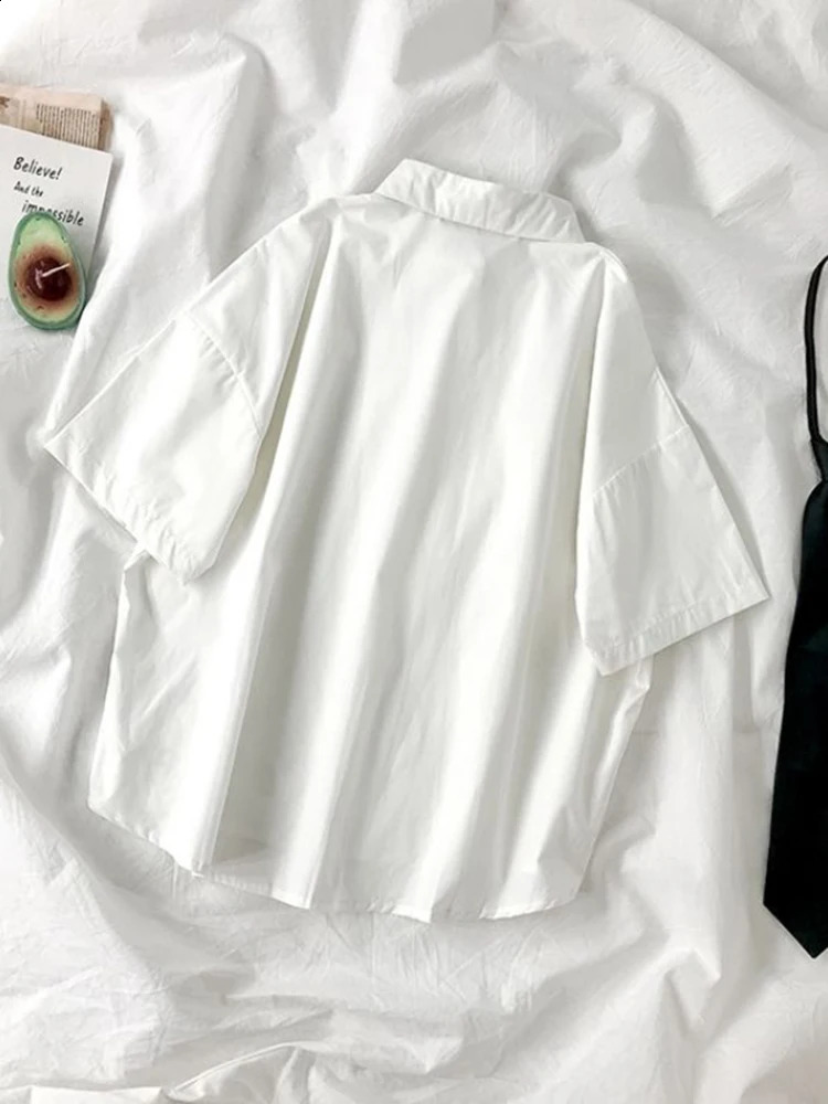 ZOKI White Shirt Fashion Black Tie Japan Style Preppy Students JK Girls Blouse Simple Solid Loose Summer Button Up Tops 240926
