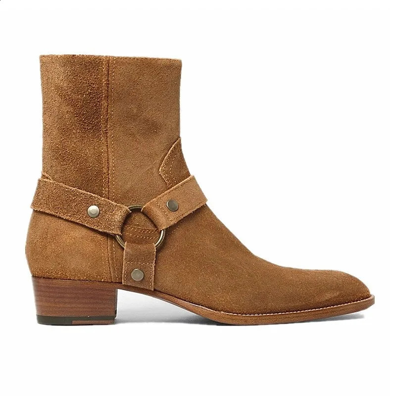 Brown Mens Chelsea Boots Handmade High Quality Cowhide Face Business Casual Square Toe Middle Heel Mens Bicycle Boots 240926