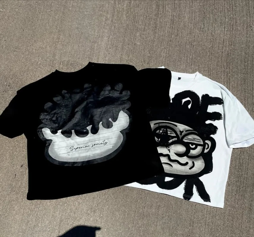 Retro cartoon monster print 100% pure cotton short sleeved Y2K summer Harajuku oversized shirt 240926