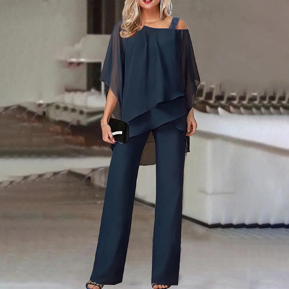 Casual Chiffon Off Shoulder Ruffled Irregular Top Set Women Office Commuting 2 Piece Elegant Ladies Party Straight Pants Outfits 240927