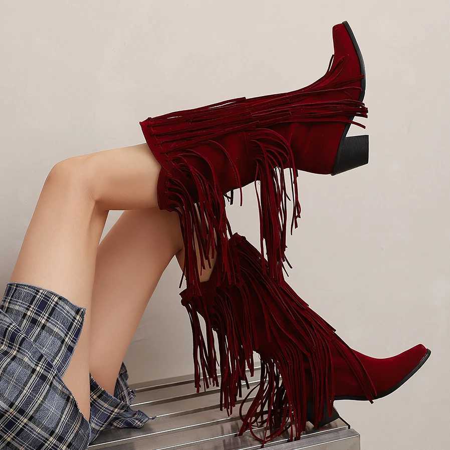 Large size 45 womens retro ethnic western cowboy boots mid piece fringed edge knee high boots womens winter shoes free delivery CL240927