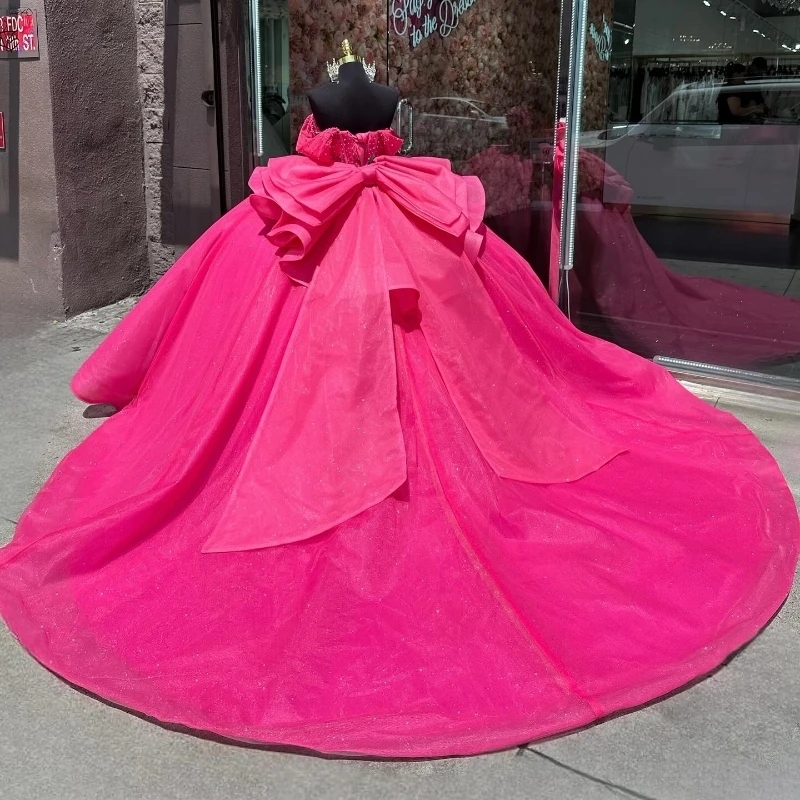 Rose Red Shiny Quinceanera Dresses Off The Shoulder Ball Gown Beads Crystal Bow Tull Corset Formal Sweet 16 Dress Vestidos De 15 Anos