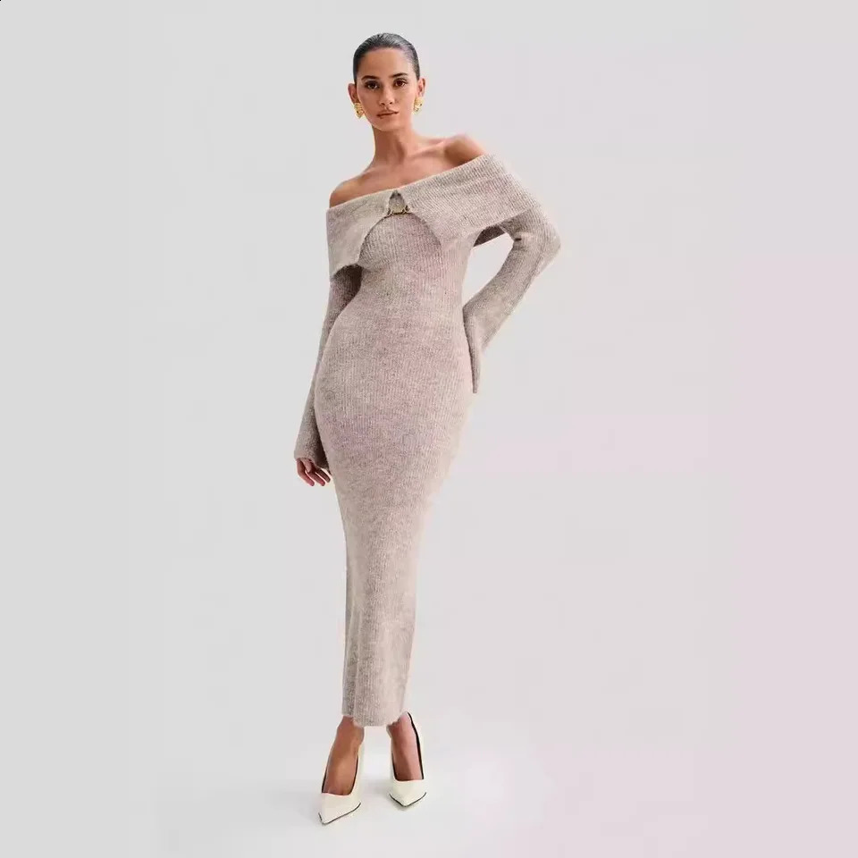 Autumn Winter Fluffy Knit Long Sleeve Midi Dress Elegant Off Shoulder Metallic Embellished Flared Sleeve Sweater Long Dress 2024 240926