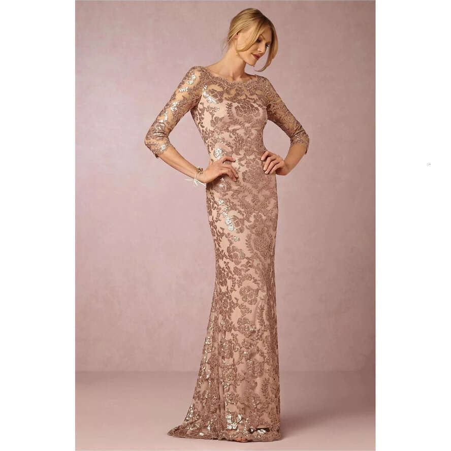 Gold Bg New Rose Sequined Mother Of The Bride Dresses Jewel Lace Appliques V Back Evening Party Dress Formal Wedding Guest Gowns