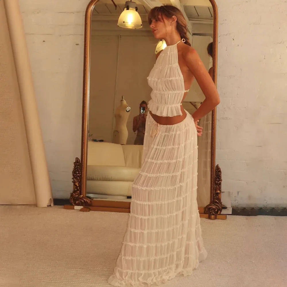 2024 Summer Party Elegant Women Beach Skirt Suit Sleeveless Backless Cropped Halter Lace Up Tops And Long Skirts Two Piece Sets 240927