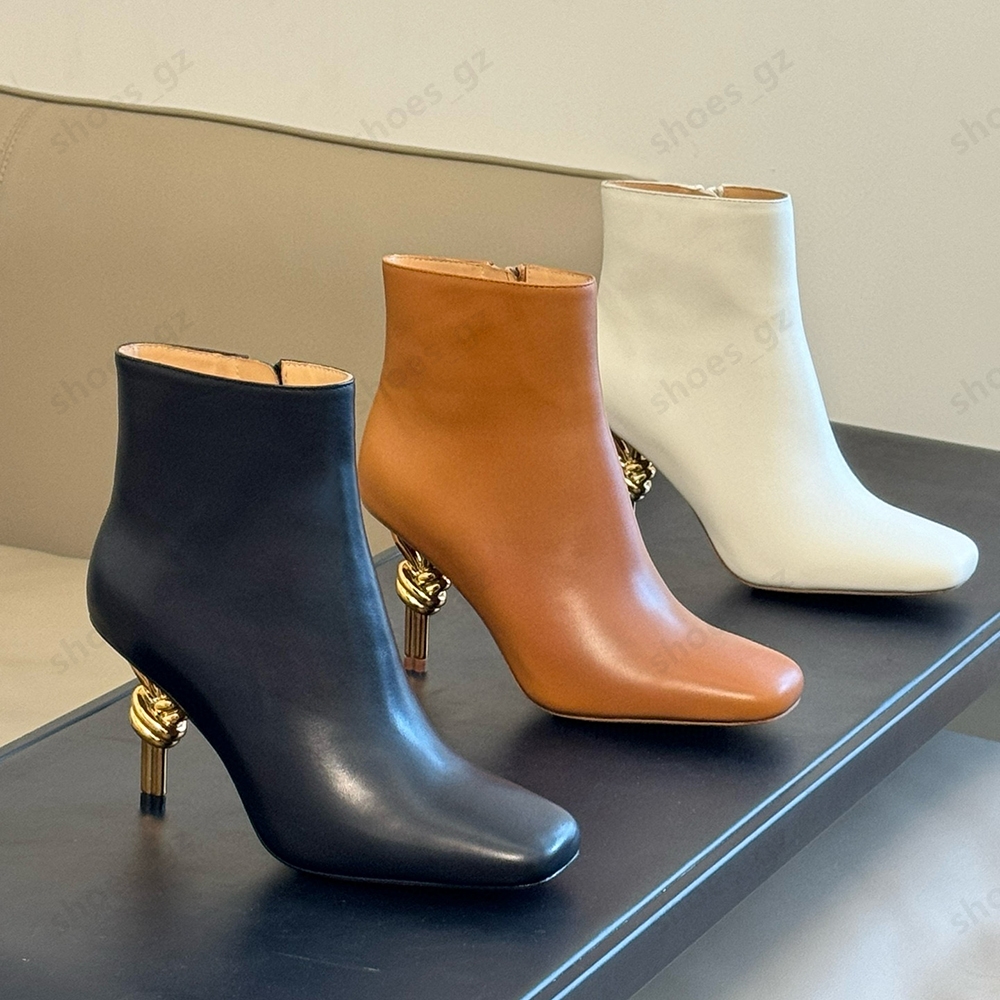 Top quality Golden heel Ankle Boots Woman's Booties High Heels Leather zip Square Toes party Dress shoes Luxury Brands factory footwear With Box size 35-42