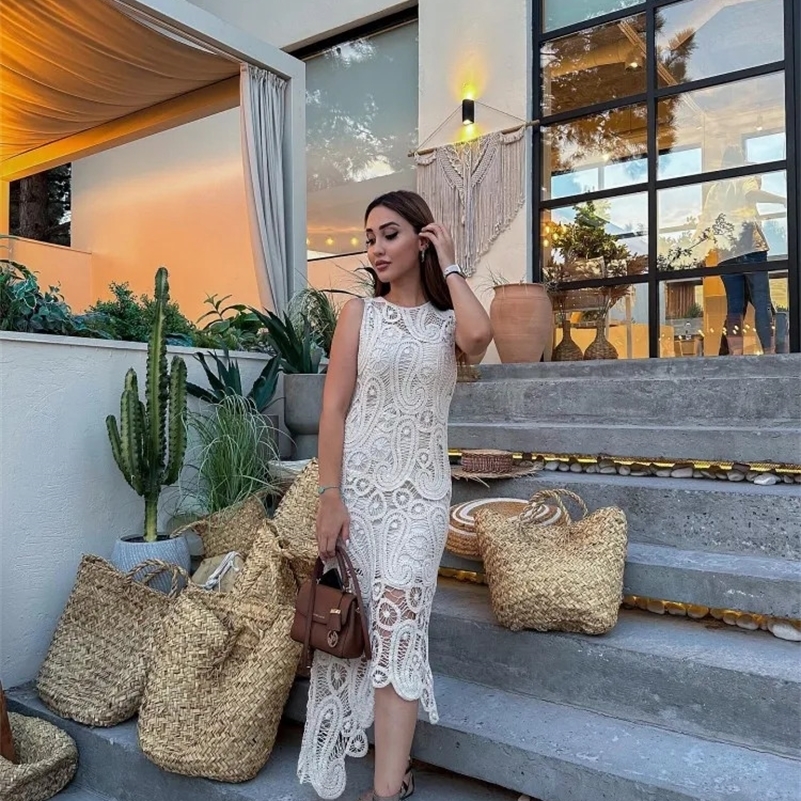 Crochet Knitted Asymmetric Womens Dress Set Chic Oneck Sleeveless Top Short Lining Skirt Suit 2023 Fashion Fairy Sweet Outfits y240926