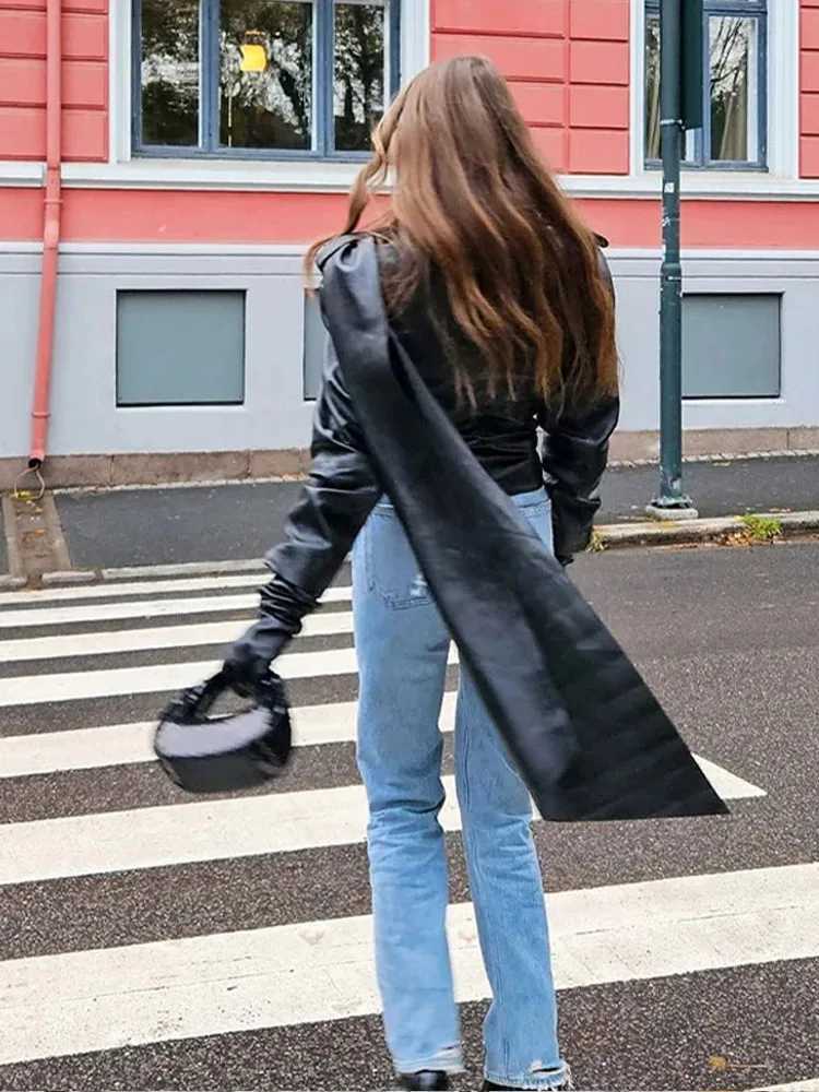 Pu leather open top jacket womens retro cape shawl collar jacket zipper womens spring fashion ultra-thin cool street clothing womens top W240926