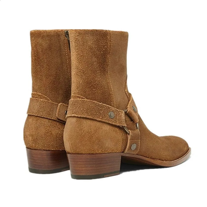 Brown Mens Chelsea Boots Handmade High Quality Cowhide Face Business Casual Square Toe Middle Heel Mens Bicycle Boots 240926