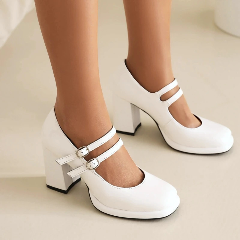 Elegant Womens High Heels Mary Janes Shoes Classic Dress Pumps Black White Block Heeled Wedding Office Shoes Female Large Size 240921