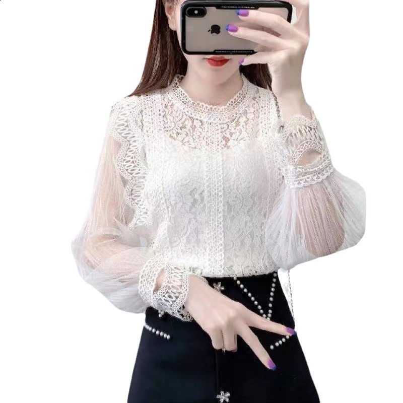 Mesh Long Sleeve Lace Blouse | Elegant Solid Color Round Neck Top