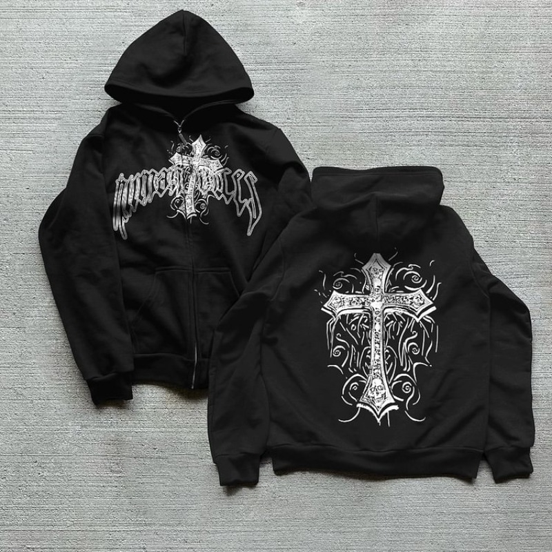 Gothic Style Cross Graphic Zip Up Fleece Hoodies Men Y2K Autumn Long Sleeves Vintage Oversize Sweatshirt Streetwear Women Tops 240913