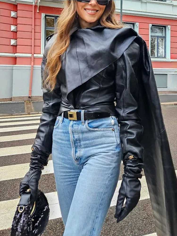 Pu leather open top jacket womens retro cape shawl collar jacket zipper womens spring fashion ultra-thin cool street clothing womens top W240926