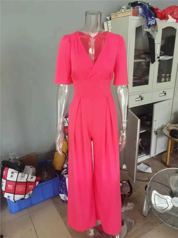 Jump Suits For Women Spring Autumn New Fashion V-neck Solid Color Temperament High Waist Womens Wide Leg Jumpsuit Streetwear M240926