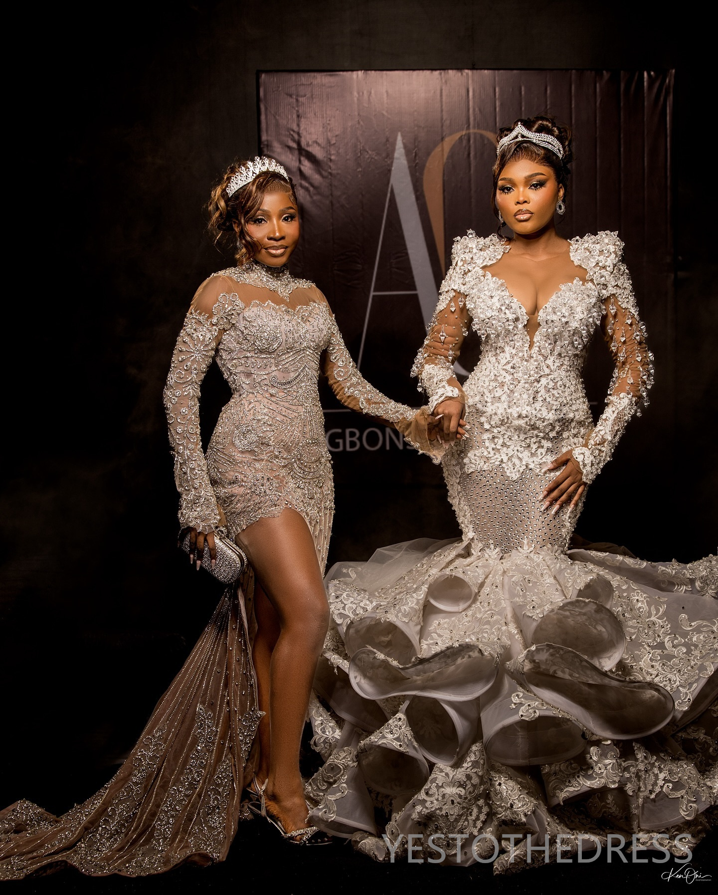 R&W 2024 Plus Size Mermaid Wedding Dresses Bridal Gowns Illusion Long Sleeves Sheer Neck Beaded Lace Tiered Tulle CrystalWedding Gown for African Blac