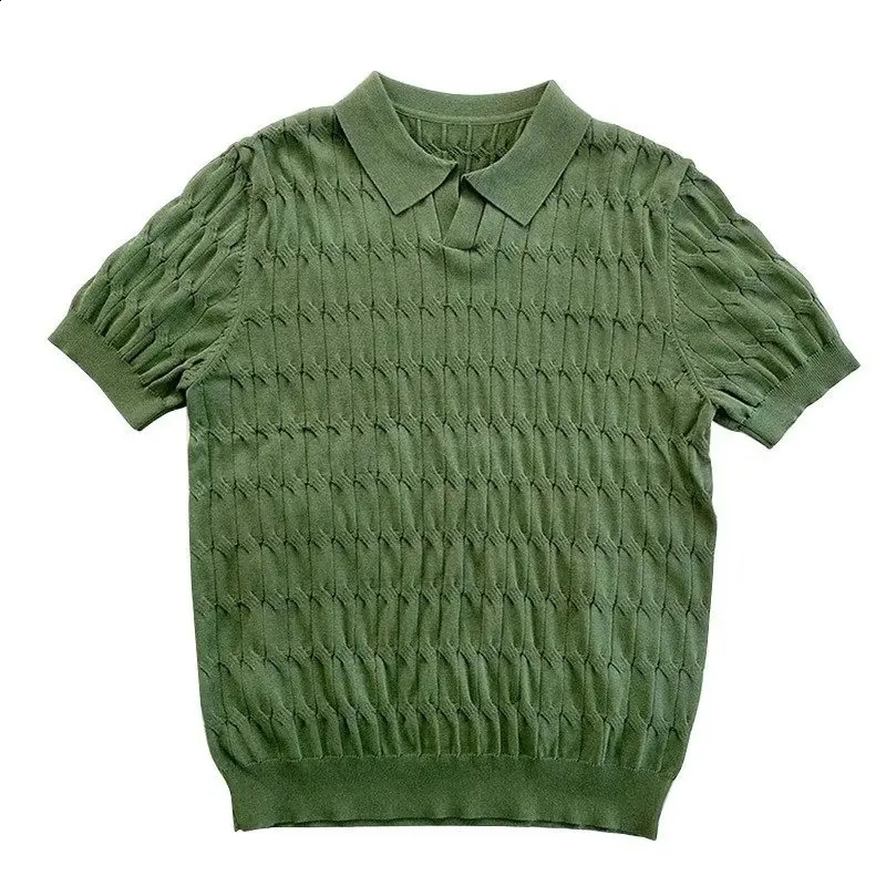 Casual Jacquard Knit Polo Shirt Men Fashion Solid Elastic Knitted Slim Tops Summer Vintage Short Sleeve Polo Tee Mens Streetwear 240927